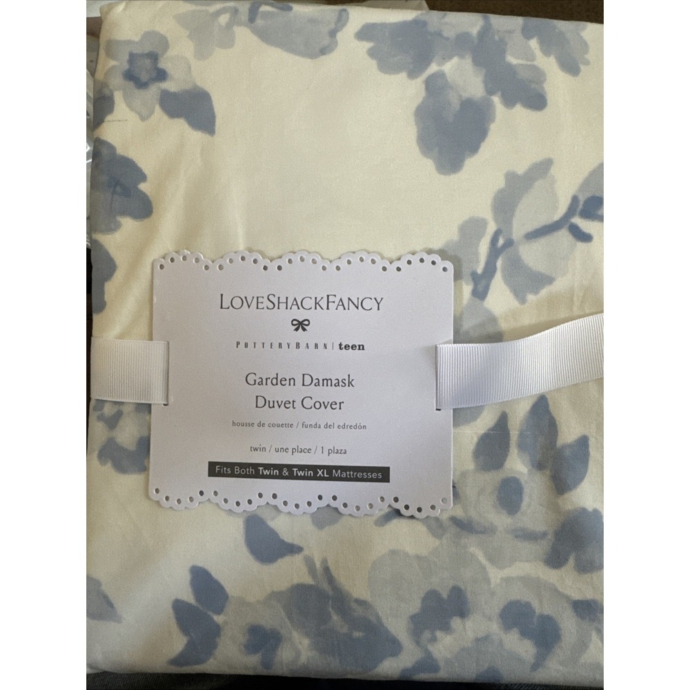 Pottery Barn Love Shack Fancy Garden Damask Duvet Cover Blue Ivory Twin& Twin XL